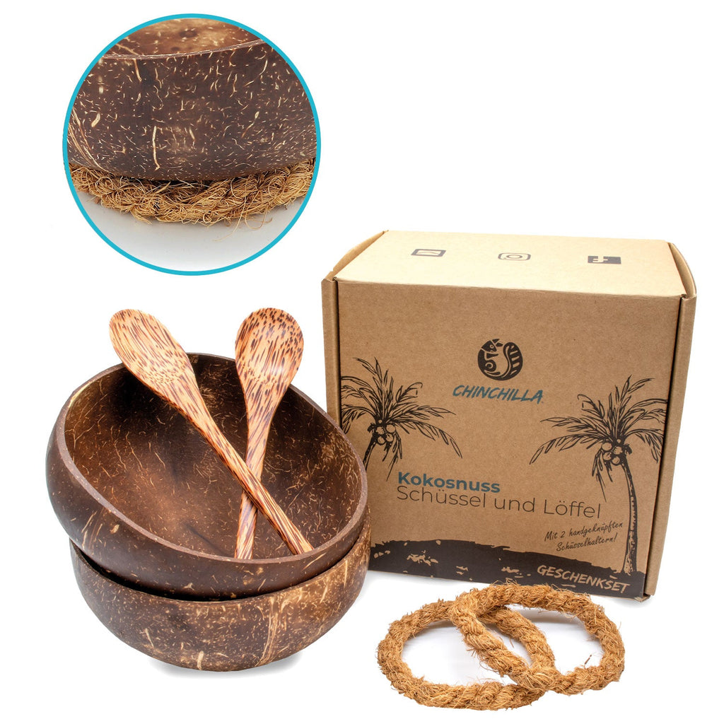 NATURAL COCONUT BOWLS SET - 2 Coconut bowls + 2 Wooden spoons + Bowl holder🥥